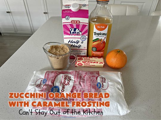 Zucchini Orange Bread with Caramel Frosting | Can't Stay Out of the Kitchen | this fantastic #ZucchiniBread includes a whole #orange & a spectacular #CaramelFrosting to die for! Every bite will have you drooling. Wonderful for #FallBaking or a #holiday #breakfast or #brunch. #bread #caramel #HolidayBreakfast #ZucchiniOrangeBreadWithCaramelFrosting