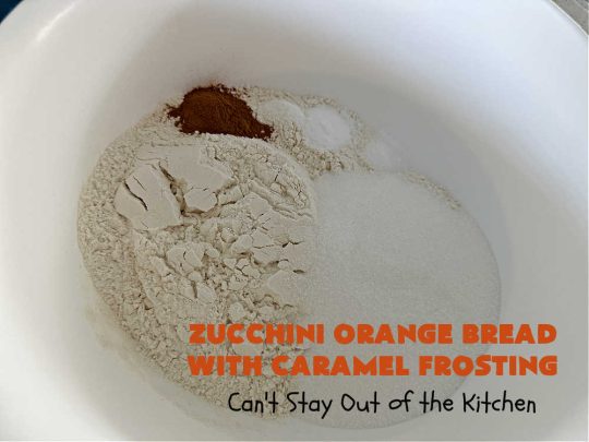 Zucchini Orange Bread with Caramel Frosting | Can't Stay Out of the Kitchen | this fantastic #ZucchiniBread includes a whole #orange & a spectacular #CaramelFrosting to die for! Every bite will have you drooling. Wonderful for #FallBaking or a #holiday #breakfast or #brunch. #bread #caramel #HolidayBreakfast #ZucchiniOrangeBreadWithCaramelFrosting