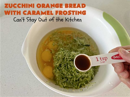 Zucchini Orange Bread with Caramel Frosting | Can't Stay Out of the Kitchen | this fantastic #ZucchiniBread includes a whole #orange & a spectacular #CaramelFrosting to die for! Every bite will have you drooling. Wonderful for #FallBaking or a #holiday #breakfast or #brunch. #bread #caramel #HolidayBreakfast #ZucchiniOrangeBreadWithCaramelFrosting