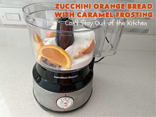 Zucchini Orange Bread with Caramel Frosting | Can't Stay Out of the Kitchen | this fantastic #ZucchiniBread includes a whole #orange & a spectacular #CaramelFrosting to die for! Every bite will have you drooling. Wonderful for #FallBaking or a #holiday #breakfast or #brunch. #bread #caramel #HolidayBreakfast #ZucchiniOrangeBreadWithCaramelFrosting