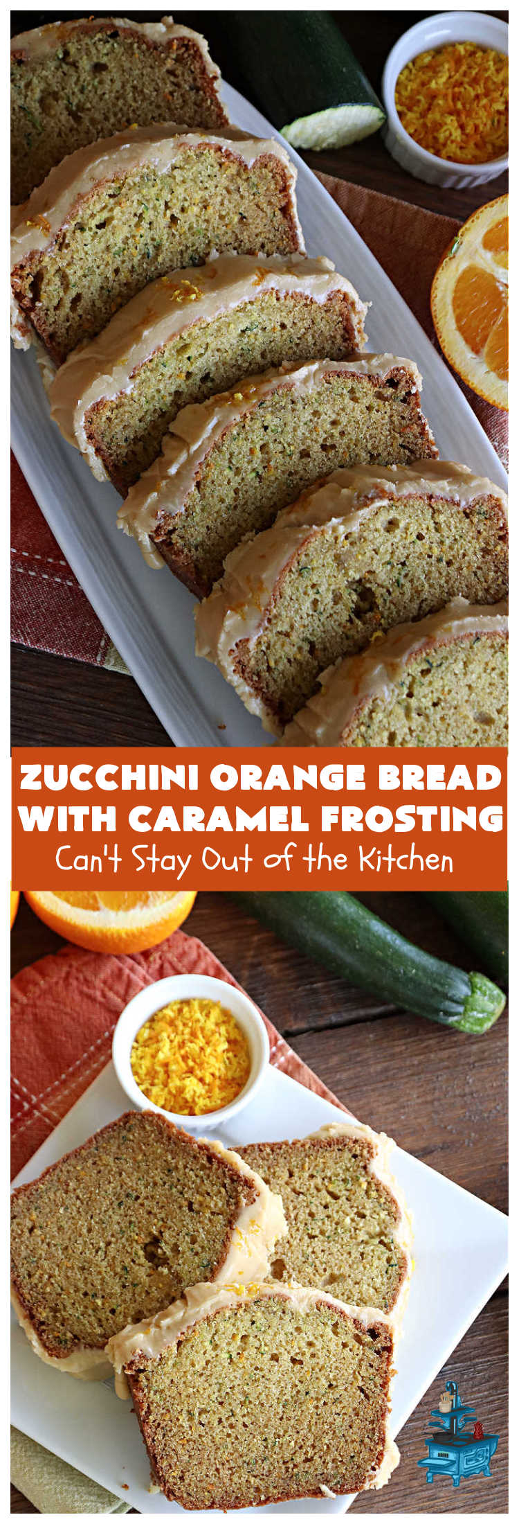 Zucchini Orange Bread with Caramel Frosting | Can't Stay Out of the Kitchen | this fantastic #ZucchiniBread includes a whole #orange & a spectacular #CaramelFrosting to die for! Every bite will have you drooling. Wonderful for #FallBaking or a #holiday #breakfast or #brunch. #bread #caramel #HolidayBreakfast #ZucchiniOrangeBreadWithCaramelFrosting