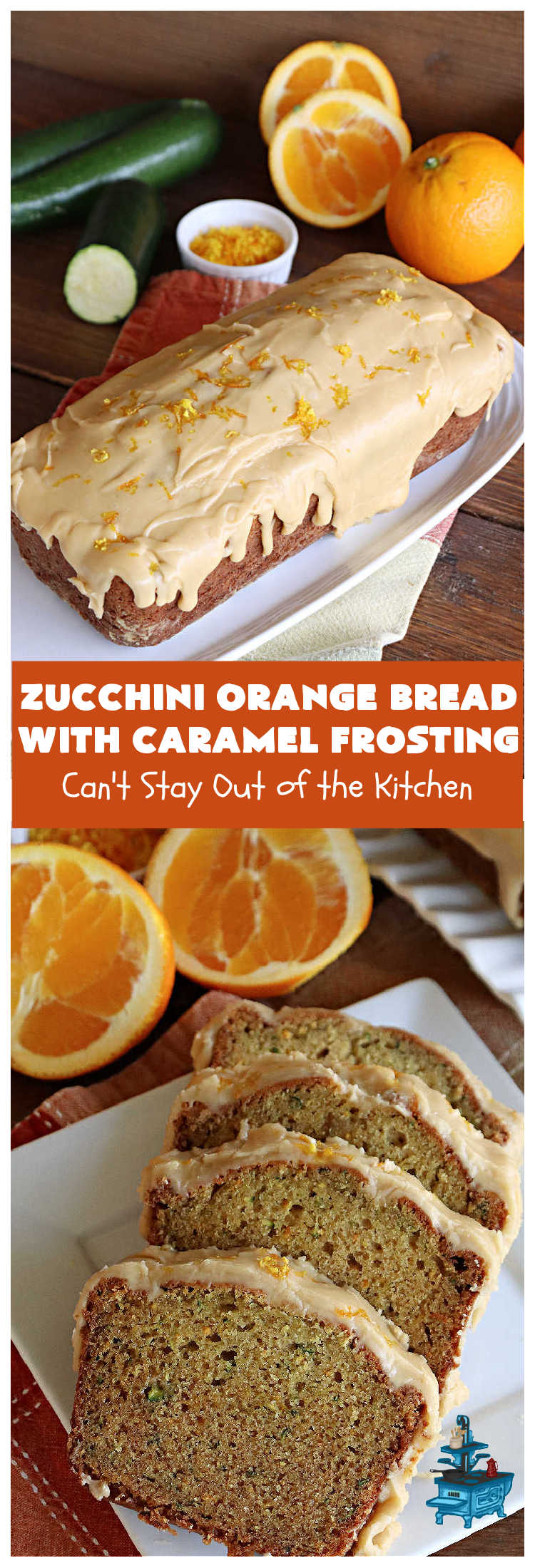 Zucchini Orange Bread with Caramel Frosting | Can't Stay Out of the Kitchen | this fantastic #ZucchiniBread includes a whole #orange & a spectacular #CaramelFrosting to die for! Every bite will have you drooling. Wonderful for #FallBaking or a #holiday #breakfast or #brunch. #bread #caramel #HolidayBreakfast #ZucchiniOrangeBreadWithCaramelFrosting