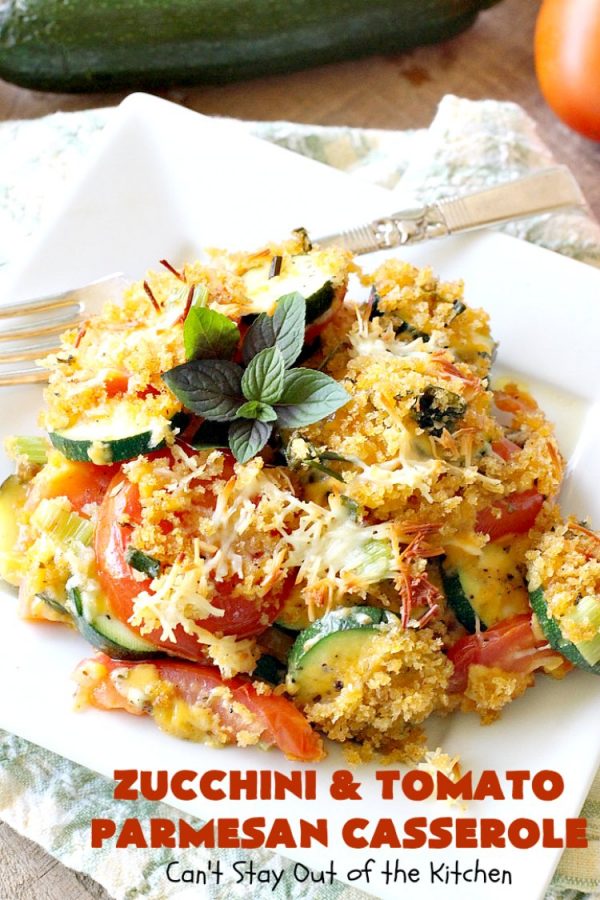 Zucchini and Tomato Parmesan Casserole | Can't Stay Out of the Kitchen | This fantastic #casserole is one of the best #zucchini side dishes you'll ever eat. It got rave reviews from our company. It has great #Italian flavor & is terrific for company or #holiday meals like #Thanksgiving. Great for #MeatlessMondays too. #tomatoes #ParmesanCheese #CheddarCheese #PankoBreadCrumbs #ZucchiniCasserole #ZucchiniTomatoCasserole #HolidaySideDish #ZucchiniAndTomatoParmesanCasserole