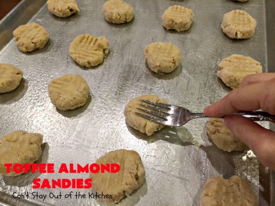 Toffee Almond Sandies | Can't Stay Out of the Kitchen | these irresistible #cookies are filled with #almonds & #HeathEnglishToffeeBits. They are absolutely mouthwatering & delightful for #holiday parties, #tailgating or #ChristmasCookieExchanges. Everyone raves over this amazing #dessert. #toffee #ToffeeAlmondSandies #ToffeeDessert #baking